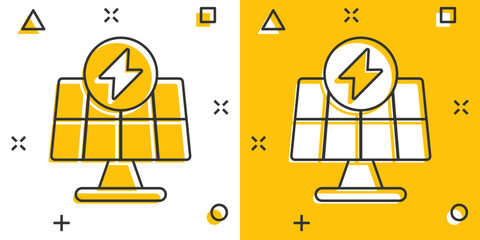 Solar panel icon in comic style. Ecology energy cartoon vector illustration on white isolated background. Electrician splash effect sign business concept.