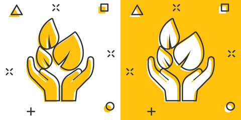 Hand with plant icon in comic style. Flower sprout cartoon vector illustration on white isolated background. Environmental protection splash effect sign business concept.