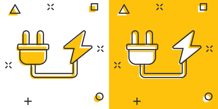 Electric plug icon in comic style. Power adapter cartoon vector illustration on white isolated background. Electrician splash effect sign business concept.