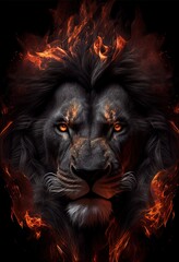 Naklejka premium Stunning lion portrait surrounded by flame and smoke on dark background. Generative art