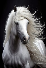 Gorgeous white horse, with long flowing mane. Generative art - obrazy, fototapety, plakaty