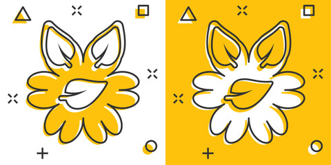 Leaf and chamomile icon in comic style. Flower with plant cartoon vector illustration on white isolated background. Eco power splash effect sign business concept.