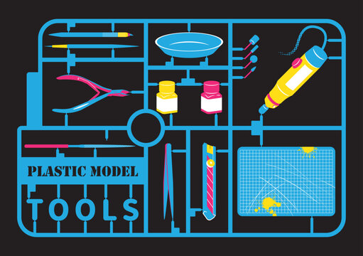 Tools set vector illustration. Plastic Model mold kit. Cutter, brush, paint, die grinder, cutting mat, utility knife, tweezers, grinding file.