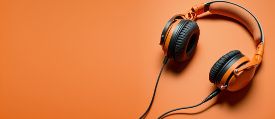High-quality headphones on a orange background. Banner with copy space. Radio, work with sound, podcasts 