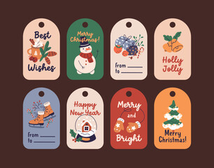 Christmas holiday tags set. Xmas cards, festive labels for hanging on gifts. New Year badges designs, printable decorations, ornaments with holes for presents. Isolated flat vector illustrations