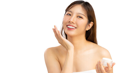 Obraz na płótnie Canvas ฺBeauty and spa. Asian woman fresh and clean facial skin applying cream on face white background.