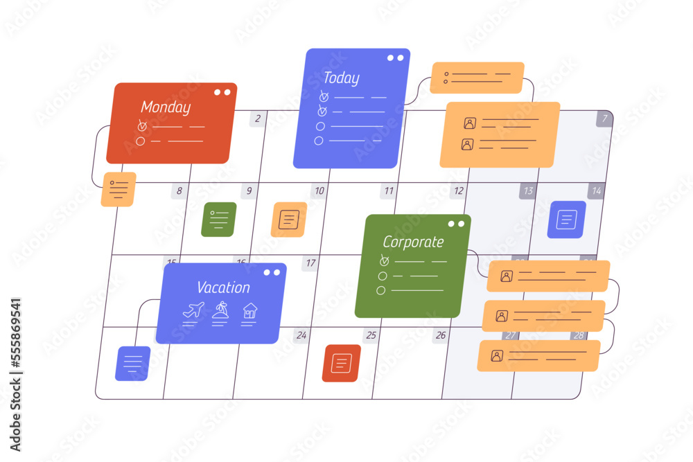 Poster daily plan in month calendar. schedule concept, planner table with contents. time organizer with rem