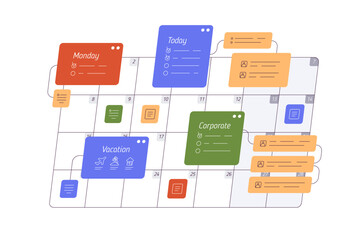Daily plan in month calendar. Schedule concept, planner table with contents. Time organizer with reminders, tasks for business and vacation. Flat vector illustration isolated on white background