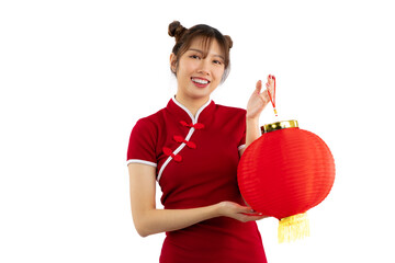 Young asian woman in red traditional chinese dress holding red paper lantern posing on white...