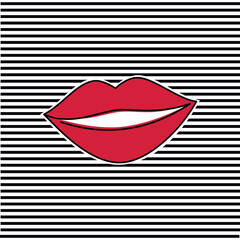 Striped background with one line continuous drawing vector illustration. Outline lips silhouette. Female hand drawn mouth linear icon. Print design, banner, card, wall art poster, brochure.