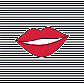 Striped background with one line continuous drawing vector illustration. Outline lips silhouette. Female hand drawn mouth linear icon. Print design, banner, card, wall art poster, brochure.
