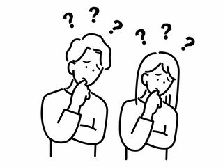 考える、疑問に思うカップルのイラスト　線画のみ