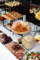 Buffet table of reception with cold snacks, meat and salads