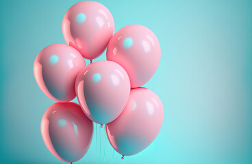 Obraz premium Pink Glowing Balloons On Blue Background Birthday Party Pink Balloons Generative AI