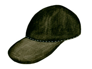 Watercolor accessory, black cap isolated on a white background. For various products, on father's day, birthday, etc.