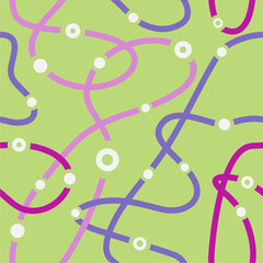 Cute wave lines pattern on light green background color. Violet and blue waves. Dots and circles. Seamless print. Abstract wrapping paper, print, textile, fabric. 