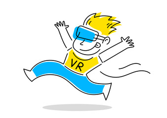 Vector illustration of happy run man with virtual reality glasses on white background. Line art style of vr man