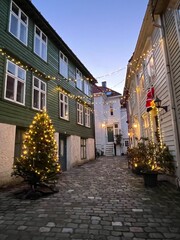Historic Narrow streets of Bergen Norway Christams View
