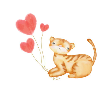 Tiger cub with balloons in the form of a heart, a watercolor image of a tropical animal with hearts for a card, congratulations, valentine's day