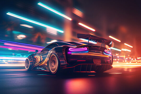 Sports Car Racing On City Street With Neon Light And Motion Blur.  
Digitally Generated AI Image