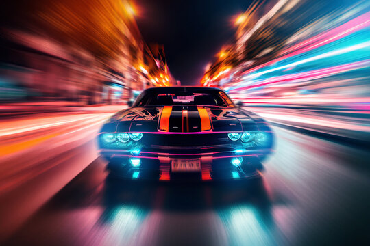 Muscle car racing on city street with neon light and motion blur.  
Digitally generated AI image