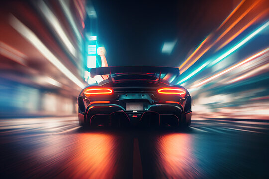 Sports car racing on city street with neon light and motion blur.  
Digitally generated AI image