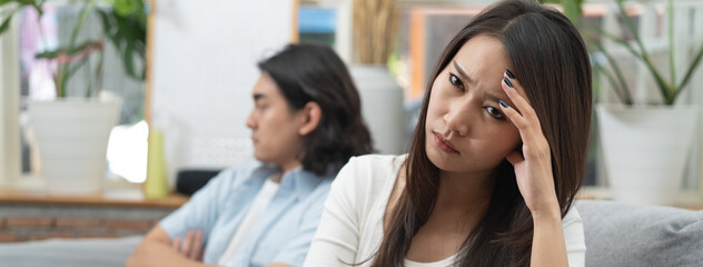 Relationship problem. Asian couple fighting at home.