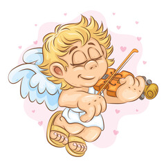 Cartoon Cupid Violinist. Clipart. Cute cartoon illustration of Cupid playing the violin. Cartoon mascot for Valentine's Day.