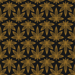 Golden Cannabis Leaves Seamless Vector Pattern in Line Art Retro Wallpaper Style for Medical Marijuana Package Design Usage.