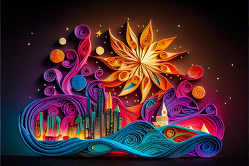 Photo paper cut quilling multidimensional paper cut, craft paper illustration, fireworks and beautiful city in new year eve, national day with colored lights, pop color. Neural network generated art.
