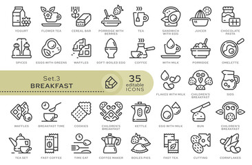 Set of conceptual icons. Vector icons in flat linear style for web sites, applications and other graphic resources. Set from the series - Breakfast. Editable outline icon. 