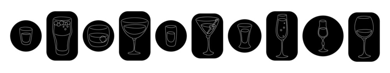 Vodka beer whiskey vermouth rum martini tequila champagne liquor wine wineglass in thin lines. Cartoon sketch graphic design. Doodle style. Black white hand drawn image. Party drink concept for party.