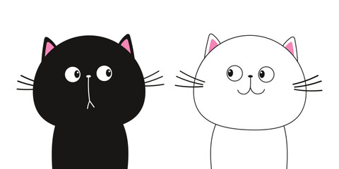 White black cat face head line contour silhouette icon set. Pet collection. Funny kawaii sad smiling doodle animal. Cute cartoon character. Pink blush cheeks. Flat design. Baby background.