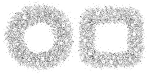 New Year's contour sketch of the Christmas wreath with falling snow for coloring. Traditional winter garland with bells on branches, isolated on white background. Set of frames for Happy xmas card
