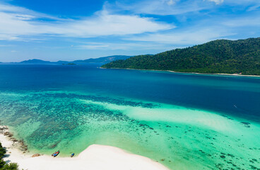 The tropical with seashore island in a coral reef ,blue and turquoise sea Amazing nature landscape with blue lagoon-Above view