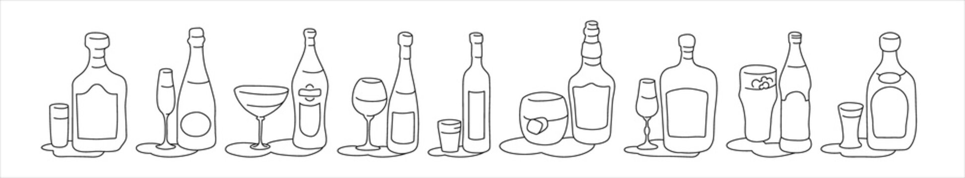 Rum champagne vermouth wine vodka whiskey liquor beer tequila bottle and glass outline icon on white background. Black white cartoon sketch graphic design. Doodle style. Hand drawn image. Party drinks