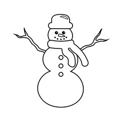 Outline Style Vector Snowman Illustration. Retro Vintage New Year and Christmas cute snowman with scarf and Christmas hat. Isolated on white background. Snowman Line Icon Template.