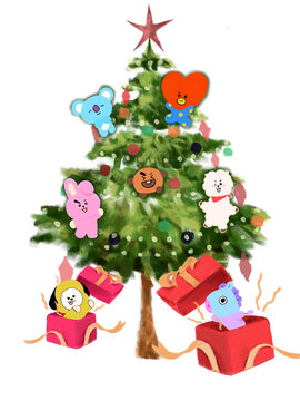 christmas tree and gifts for army hand-drawn, download and print or gift to your army friend