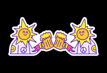 Sun character cheers with beers, illustration for t-shirt, sticker, or apparel merchandise. With modern pop and retro style.