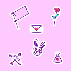 Set of cute romance theme doodle cartoon. bunny, flag, arrow, love letter, flower. illustration for t shirt, poster, logo, sticker, or apparel merchandise.