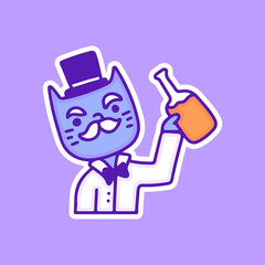 Vintage cat chill out with bottle of beer illustration, with soft pop style and old style 90s cartoon drawings. Artwork for street wear, t shirt, patchworks; for teenagers clothes.
