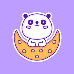 Cute panda bear on the moon illustration, with soft pop style and old style 90s cartoon drawings. Artwork for street wear, t shirt, patchworks; for teenagers clothes.