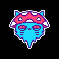 Naklejka premium Cute cat with melted face wearing mushroom hat illustration, with soft pop style and old style 90s cartoon drawings. Artwork for street wear, t shirt, patchworks; for teenagers clothes.
