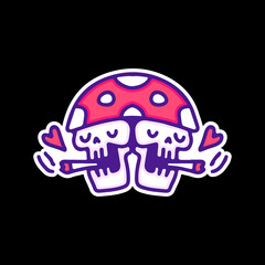 Mushroom skulls smoke weed illustration, with soft pop style and old style 90s cartoon drawings. Artwork for street wear, t shirt, patchworks; for teenagers clothes.