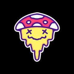 Cute emoji face melted in mushroom hat illustration, with soft pop style and old style 90s cartoon drawings. Artwork for street wear, t shirt, patchworks; for teenagers clothes.