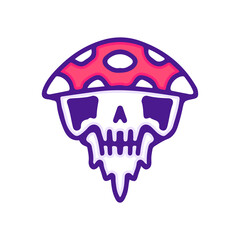 Melted skull head with mushroom hat illustration, with soft pop style and old style 90s cartoon drawings. Artwork for street wear, t shirt, patchworks; for teenagers clothes.