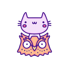 Cute cat and owl illustration, with soft pop style and old style 90s cartoon drawings. Artwork fort shirt, patchworks; for kids clothes.