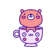 Cute bear with cup of tea illustration, with soft pop style and old style 90s cartoon drawings. Artwork fort shirt, patchworks; for kids clothes.