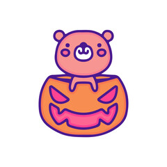 Cute bear and monster pumpkin illustration, with soft pop style and old style 90s cartoon drawings. Artwork for sticker, t shirt, clothes.