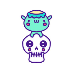 Cute kappa and skull head illustration, with soft pop style and old style 90s cartoon drawings. Artwork for sticker, patchworks; for kids clothes.
